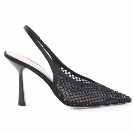 Black mesh slingback stiletto sandal with pointed toe and mid-height heel
