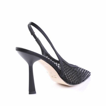 Black strappy high-heeled shoe with mesh upper and slingback strap.