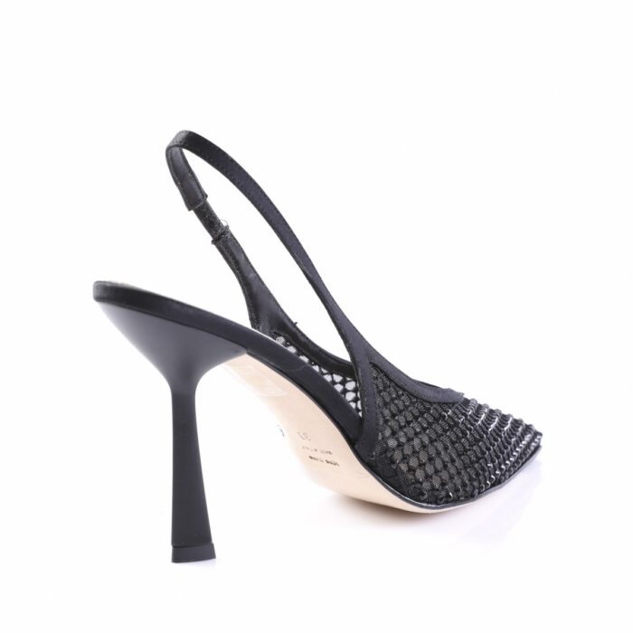 Black strappy high-heeled shoe with mesh upper and slingback strap.