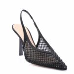 Black slingback high-heeled shoe with a mesh lattice upper and pointed toe.