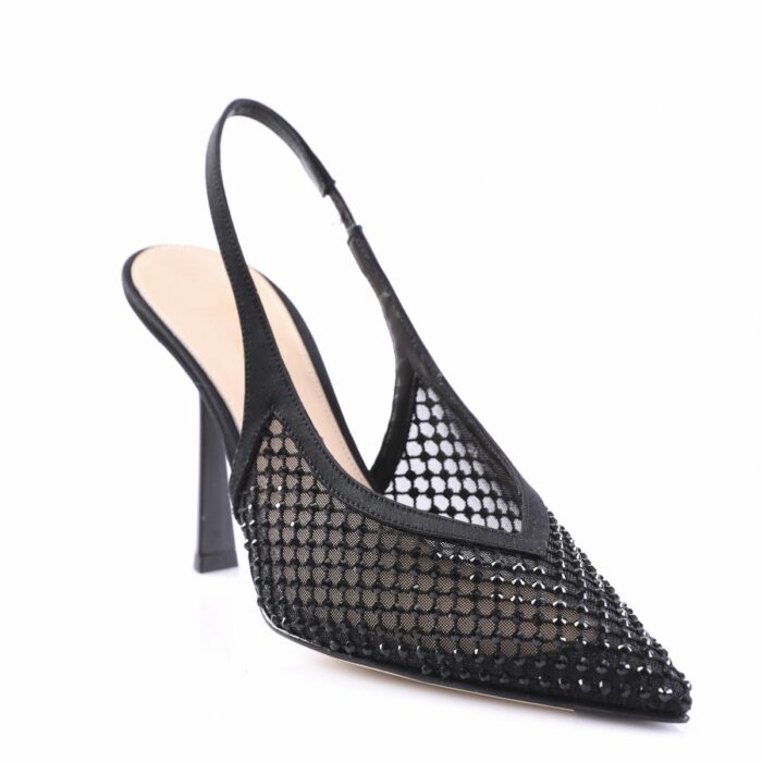 Black slingback high-heeled shoe with a mesh lattice upper and pointed toe.