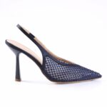 Navy blue mesh slingback high-heel shoe with a pointed toe and slender heel.