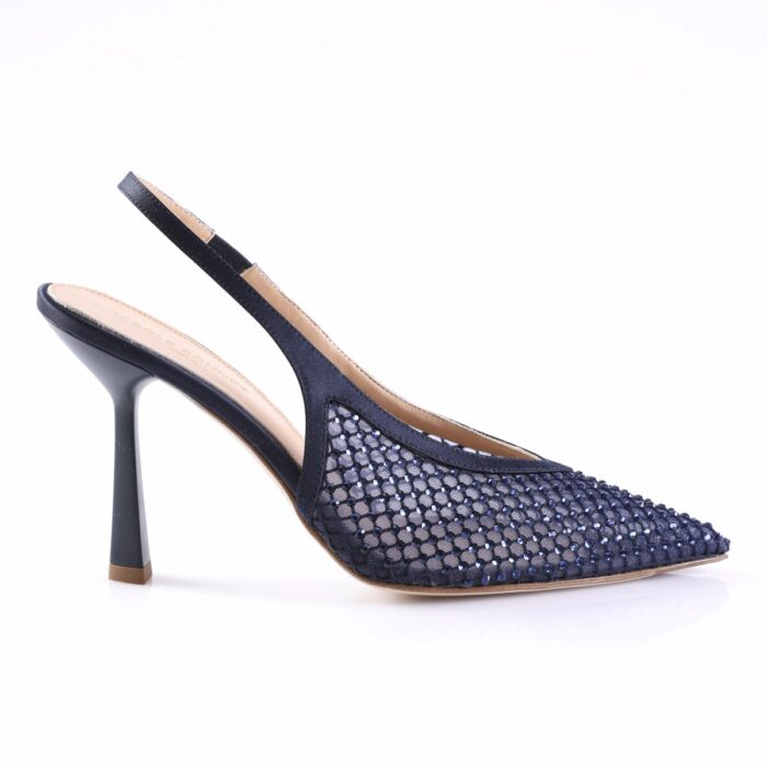 Navy blue mesh slingback high-heel shoe with a pointed toe and slender heel.