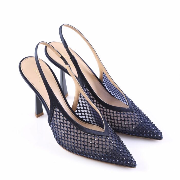 Navy blue slingback high-heeled pumps with a mesh, diamond-pattern upper and pointed toes.
