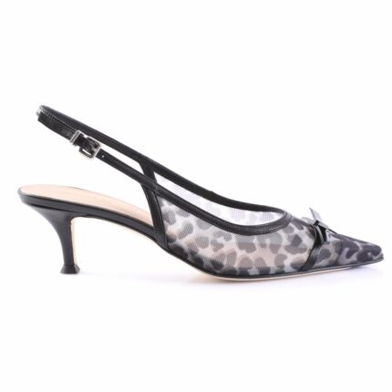 Black slingback kitten-heel with leopard-print mesh and bow at toe, side buckle strap