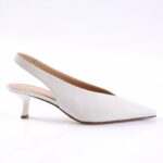 White leather slingback pump with pointed toe and a small kitten heel.
