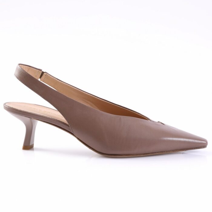 Brown pointed-toe slingback shoe with a low kitten heel viewed from the side.