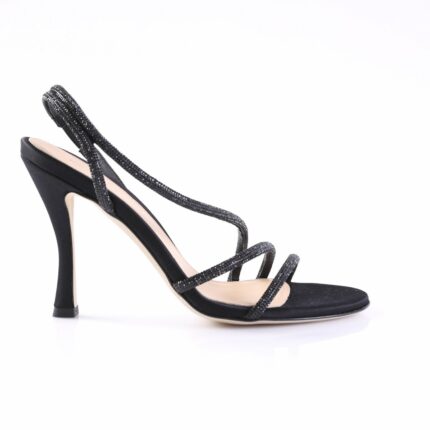 Black strappy high-heeled sandal with sparkling beaded straps and a stiletto heel (open toe)