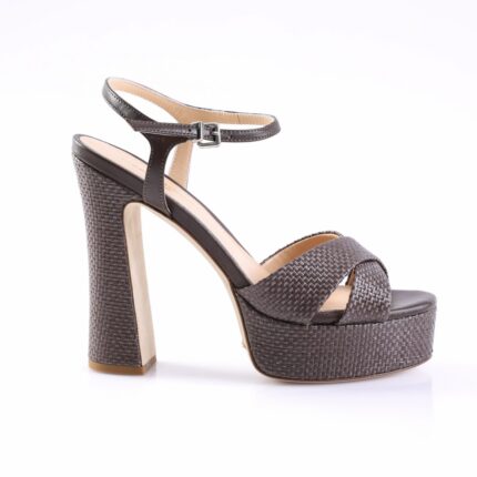 Brown woven platform sandal with a chunky block heel and ankle strap, side view