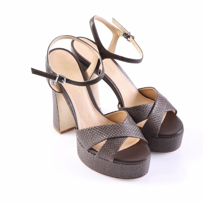 Brown woven high-heeled sandals with ankle strap and buckle.