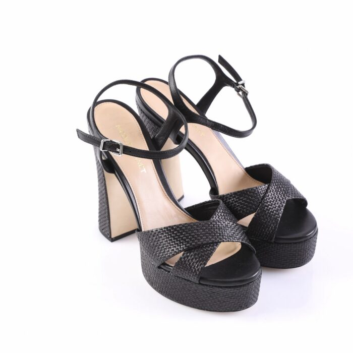 Black strappy high-heeled sandal with braided front straps and an ankle buckle.