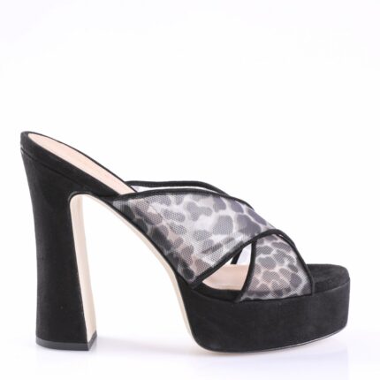 Black suede platform mule with a chunky heel and sheer leopard‑print mesh straps
