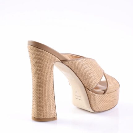 Beige woven platform mule with a thick block heel, viewed from the side/back