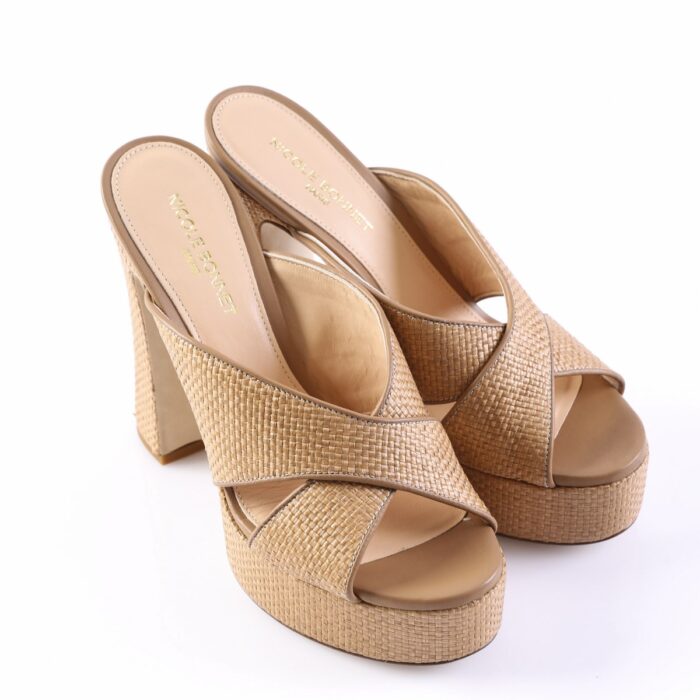 Beige woven platform sandals with crisscross straps and a chunky heel, side view.