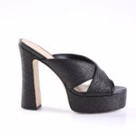 Black woven-textured platform mule sandal with a thick block heel and open toe