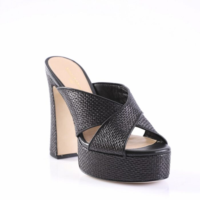 Black woven platform mule sandal with a thick block heel and crossed wide straps, open toe.