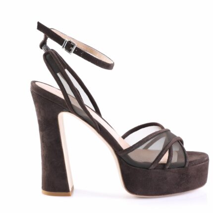 Black suede platform sandal with a chunky heel, open toe, and thin mesh straps across the front, plus an ankle buckle strap