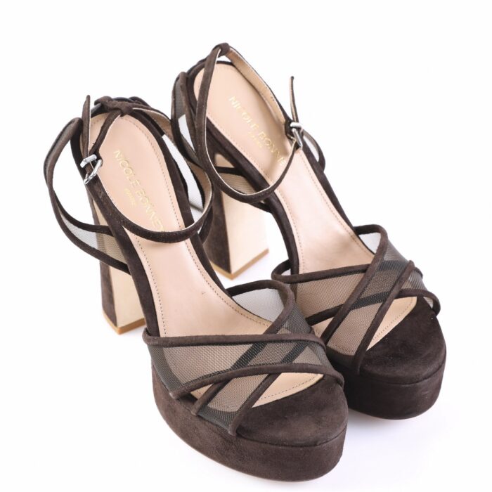 Brown suede platform sandals with crisscross mesh straps and ankle buckle, featuring chunky block heels and open toes.