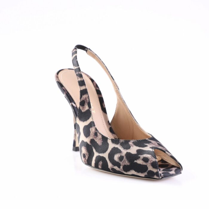 Leopard print high-heeled slingback shoe with peep toe, beige lining, and thin strap across the back