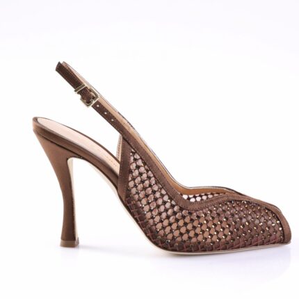 Brown high-heeled sandal with an ankle strap and perforated mesh upper