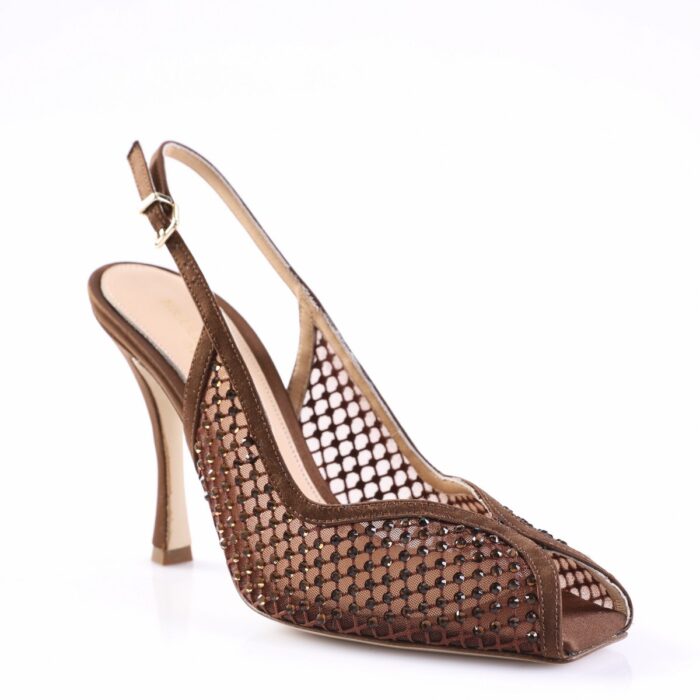Brown open-toe high-heeled sandal with perforated mesh and ankle strap