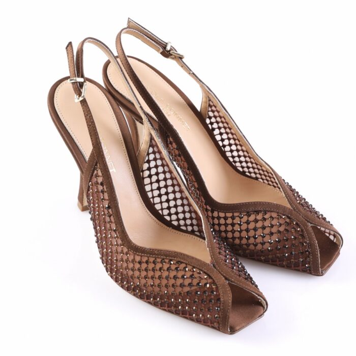 Brown open-toe slingback high-heeled pumps with studded mesh panels.