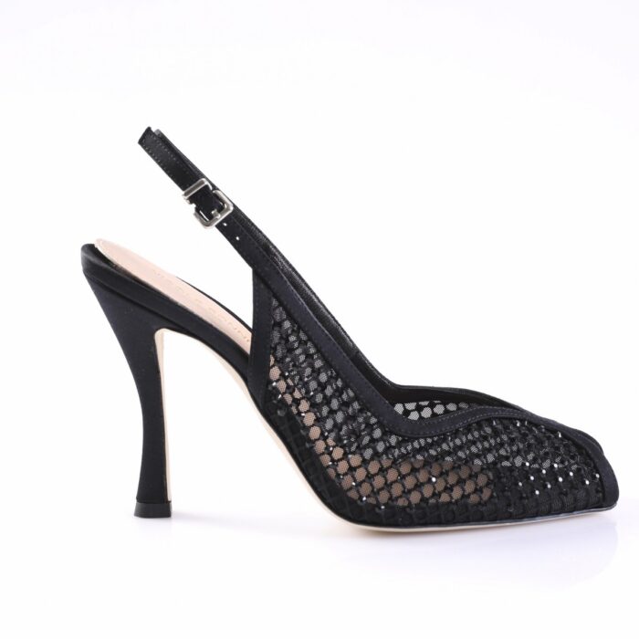 Black mesh pump with a slender ankle strap and buckle, pointed toe, and high stiletto heel—women's dress shoe.
