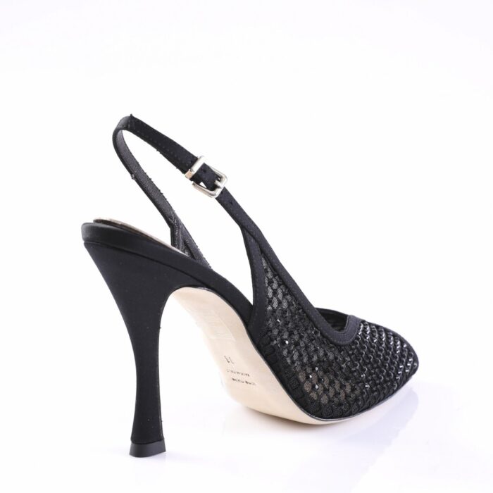Black high-heeled slingback pump with mesh upper and ankle buckle strap.