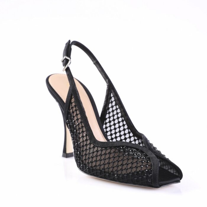 Black mesh slingback high-heel shoe with open toe and beige insole, featuring a delicate ankle strap and dotted mesh pattern.