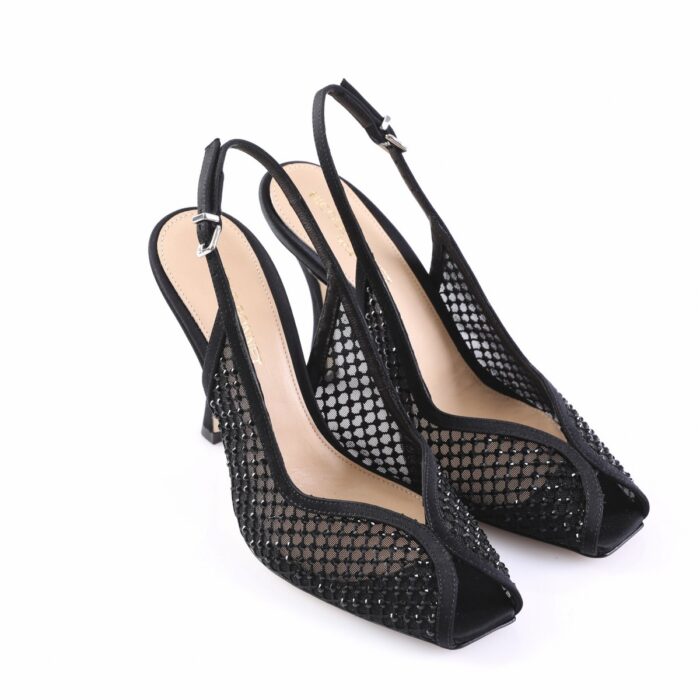 Black mesh slingback high heels with pointed toes and ankle straps, decorative studs along the mesh edges