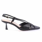 Black slingback pump with pointed toe and slim strap, mid-height kitten heel, on white background