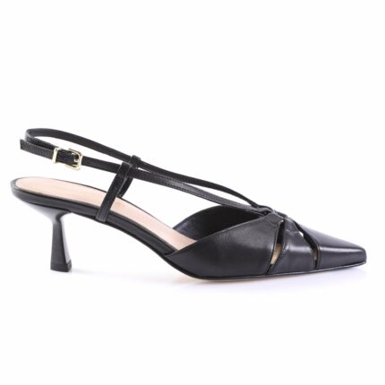 Black slingback pump with pointed toe and slim strap, mid-height kitten heel, on white background