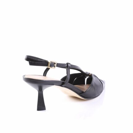 Black women's open-toe sandal with an ankle buckle strap, shown from a rear-side angle