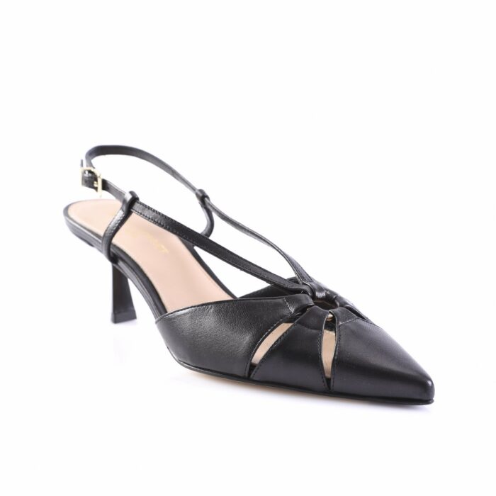Black leather pointed-toe sandal with knotted front straps and slim ankle slingback, mid-height heel.