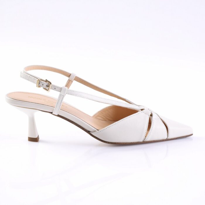 White strappy kitten-heel sandal with knot detail and ankle strap, side view.