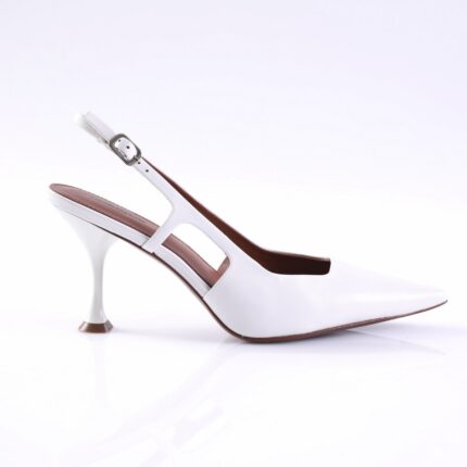White pointed-toe slingback pump with a curved mid-height heel and buckle strap.