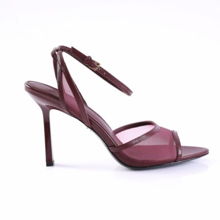 Burgundy high-heeled sandal with mesh straps and an ankle buckle on a white background.