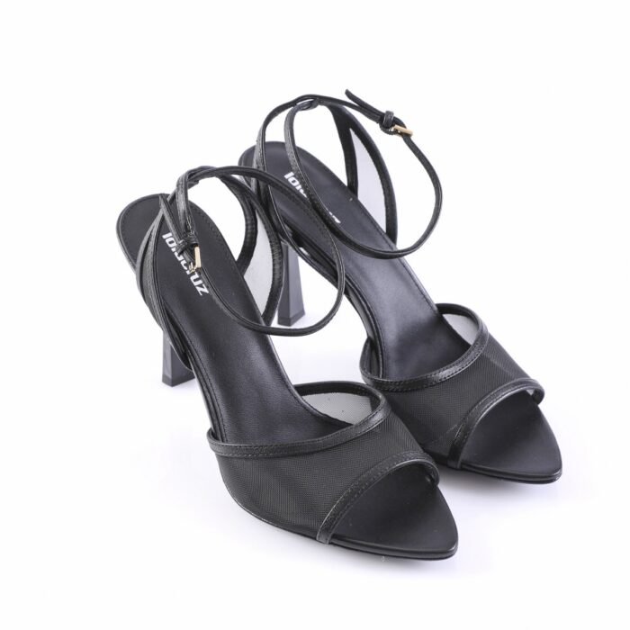 Black strappy open-toe sandals with ankle wrap and chunky heel, suitable for formal wear