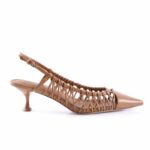 Tan woven-strap slingback sandal with a small kitten heel and pointed toe, shown lateral view