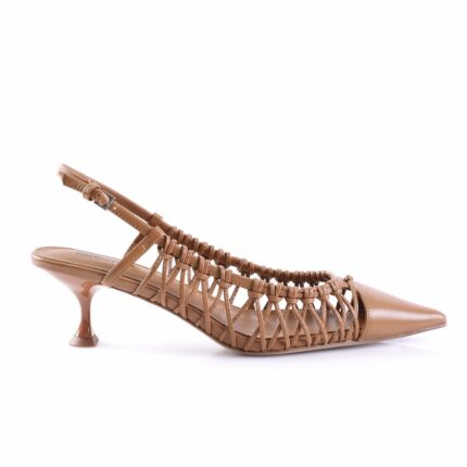 Tan woven-strap slingback sandal with a small kitten heel and pointed toe, shown lateral view