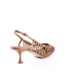 Tan/brown strappy heeled sandal with a braided lattice upper and a small conical heel, side view