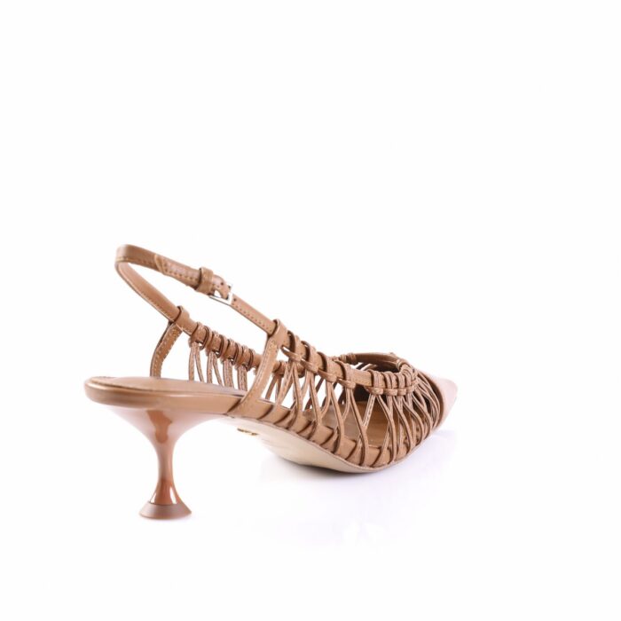 Tan/brown strappy heeled sandal with a braided lattice upper and a small conical heel, side view