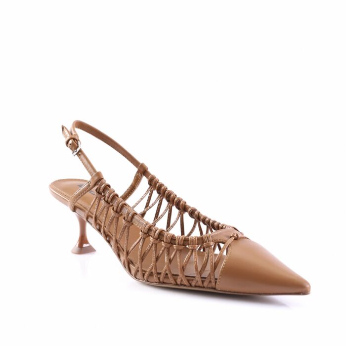 Tan pointed-toe slingback sandal with a woven lattice strap design and a small kitten heel, in a warm brown shade