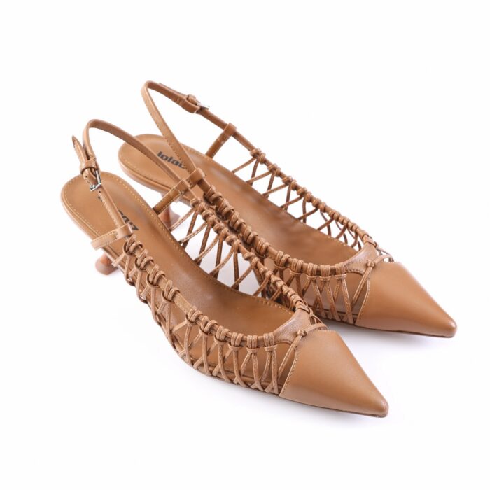 Tan pointed-toe slingback heels with woven lattice straps for a breathable, open design.