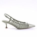 Green strappy pointed-toe slingback pump with a small kitten heel for women, side view.