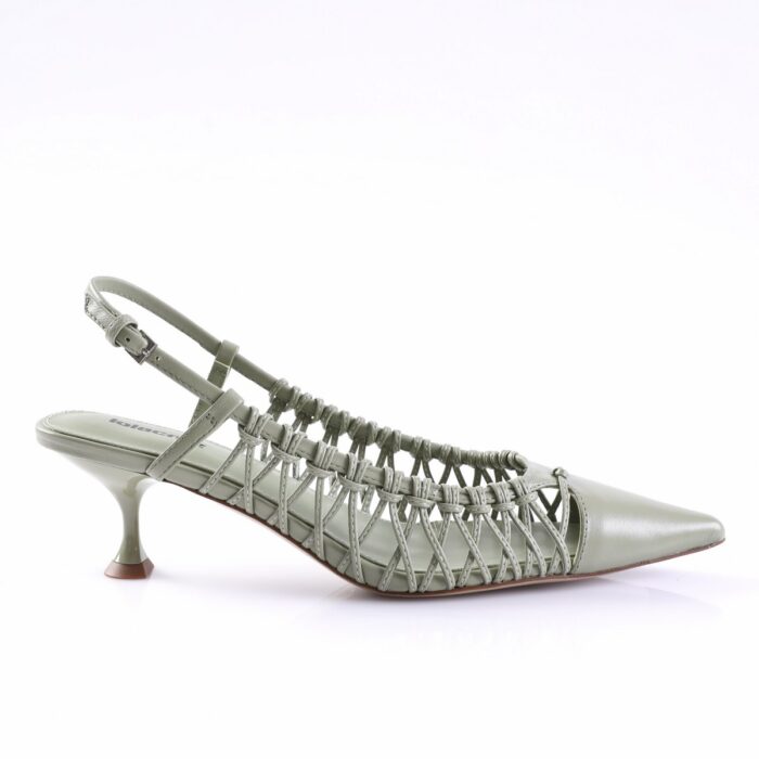 Green strappy pointed-toe slingback pump with a small kitten heel for women, side view.