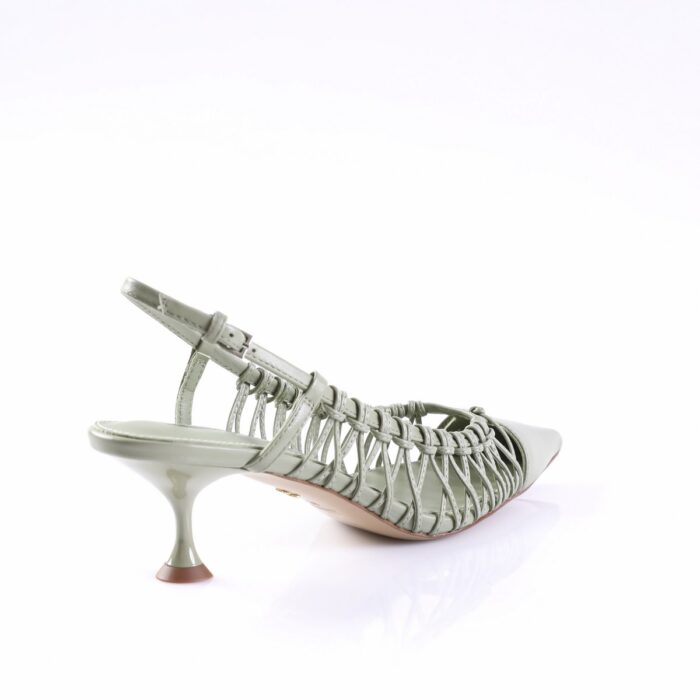 Green strappy heeled sandal with a sculpted small heel, shown from the side.