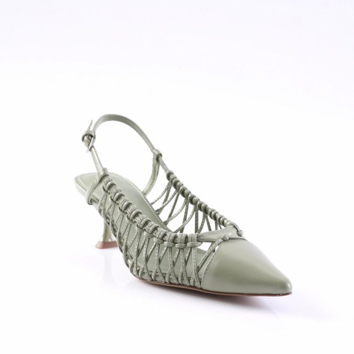 Light green open-toe sandal with woven lattice straps and a small heel, featuring an adjustable ankle strap with buckle to the rear.