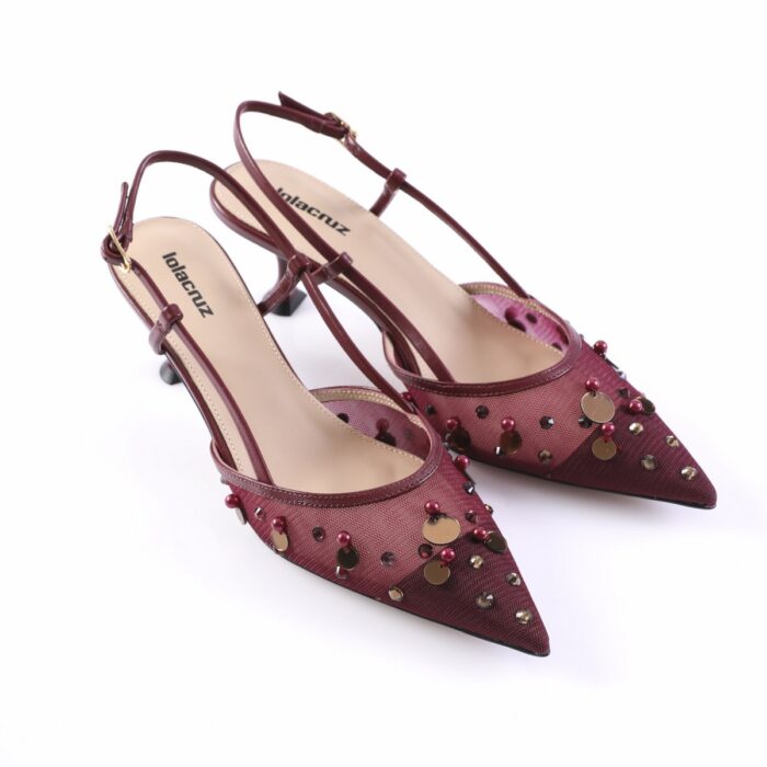 Maroon pointed-toe slingback heels with stud and bead embellishments, Lola Cruz brand on the insole