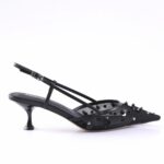 Black strappy slingback kitten-heel sandal with studded embellishments and adjustable ankle strap.